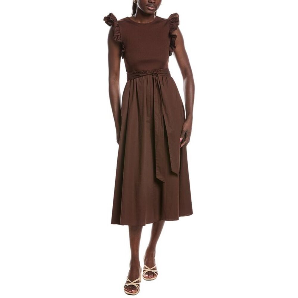 Anne Klein Womens Mixed Knit & Woven Midi Dress, Brown